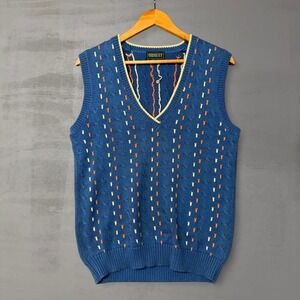 Vintage Cricket Sweater Vest Blue Cable Knit Embroidered V-Neck Cotton Medium